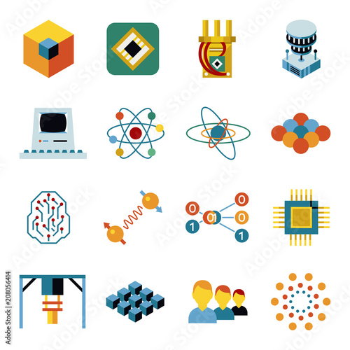 Digital vector quantum computing icon set