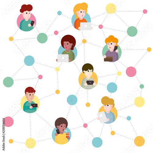 Vector illustration of an abstract social network scheme, which contains people icons connected to each other.