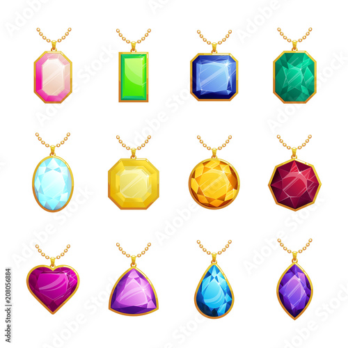 Jewelry pendants set with diamond, ruby, emerald, topaz. Golden chains with gemstones. Precious necklaces for jewelry shop design. Vector illustration.