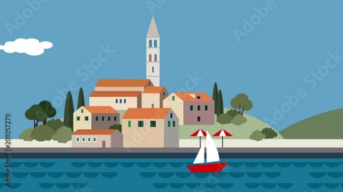 Mediterranean landscape, little town, resort with beach, sea waves, running clouds and sailing boat. Flat cartoon looped animated background. Summer traveling.