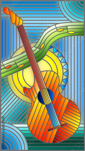 Illustration in stained glass style on the theme of music, abstract guitar and notes on a blue background