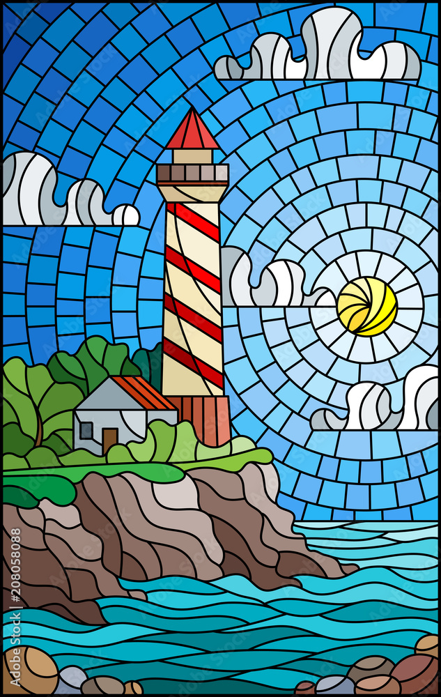 Illustration in stained glass style with a lighthouse on the background of the sea and the Sunny day sky