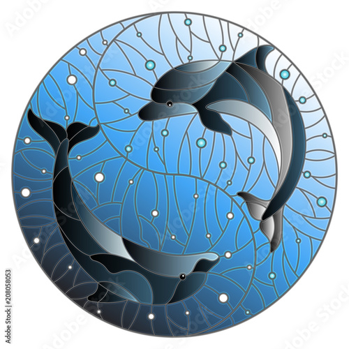 Illustration in stained glass style with two dolphins on the background of water and air bubbles in the form of the Yin Yang sign