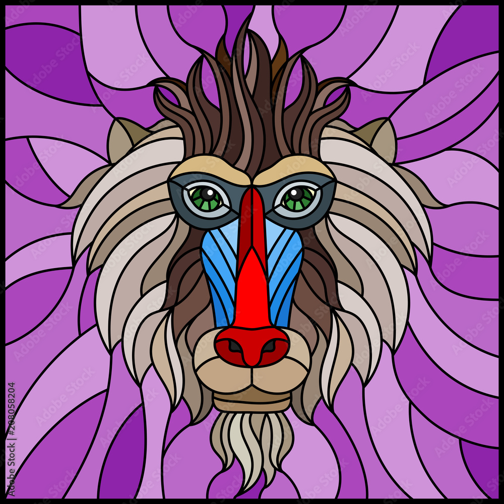 Fototapeta premium The illustration in stained glass style painting with a monkey's head on purple background , rectangle image