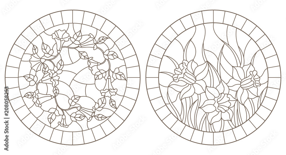 Set of contour illustrations with colors, loam and daffodils in frames, round images, dark contours on white background Set of contour illustrations with colors, loam and daffodils in frames, round images, dark contours on white background