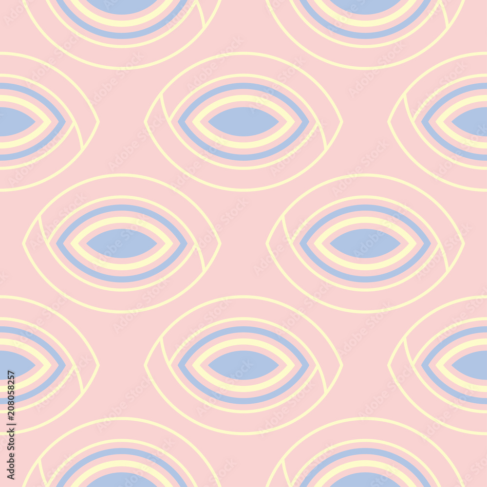 Geometric seamless pattern. Pale pink background with blue and beige elements Geometric seamless pattern. Pale pink background with blue and beige elements