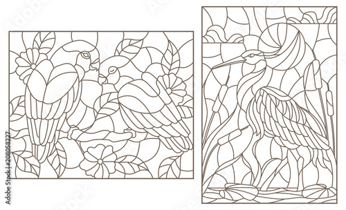 Set of contour illustrations with birds, Heron and a pair of parrots lovebirds, dark contours on a white background