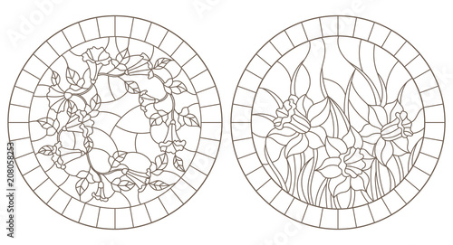 Set of contour illustrations with colors, loam and daffodils in frames, round images, dark contours on white background
