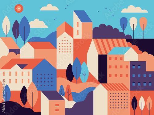 City landscape with buildings, hills and trees