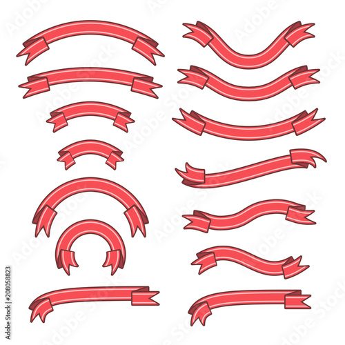 Set of different ribbons with strips, red tape banner collection, vector illustration