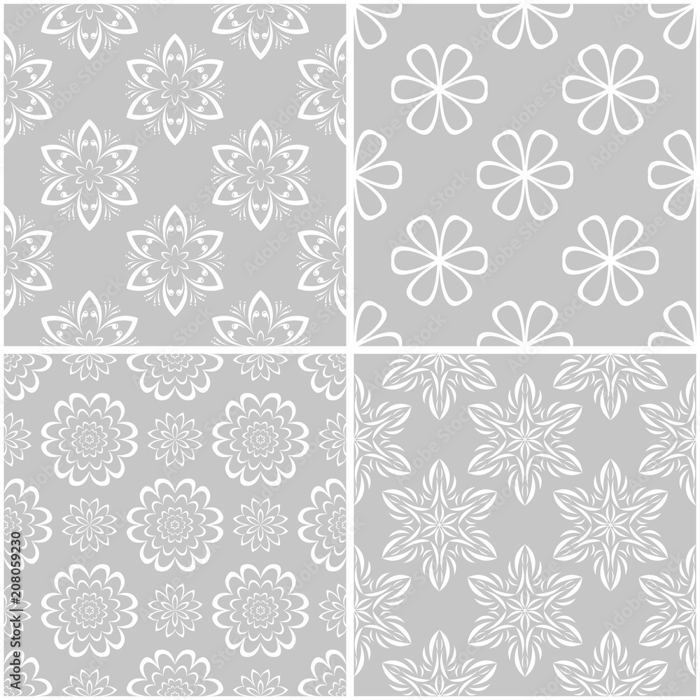 Obraz premium Floral patterns. Set of gray and white seamless backgrounds