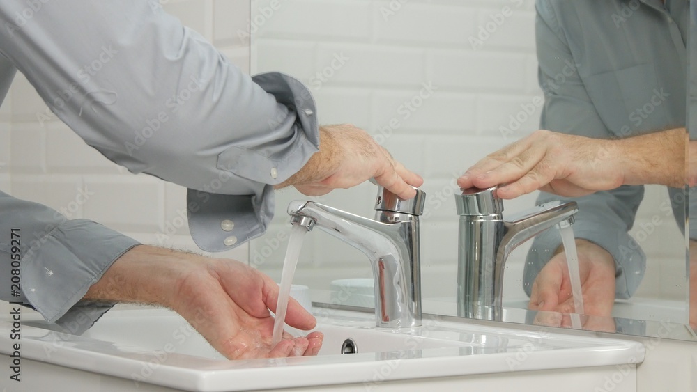 Man in Modern Bathroom Wash His Hands with Fresh Water Daily Hygiene Activity Man in Modern Bathroom Wash His Hands with Fresh Water Daily Hygiene Activity