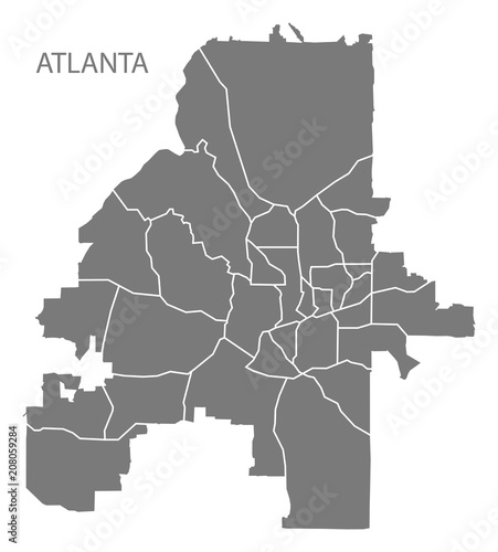 Atlanta Georgia city map with neighborhoods grey illustration silhouette shape