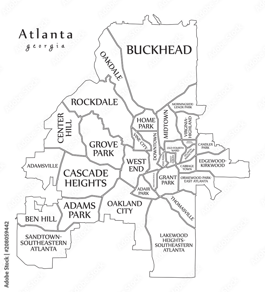 Modern City Map - Atlanta Georgia city of the USA with neighborhoods and titles outline map