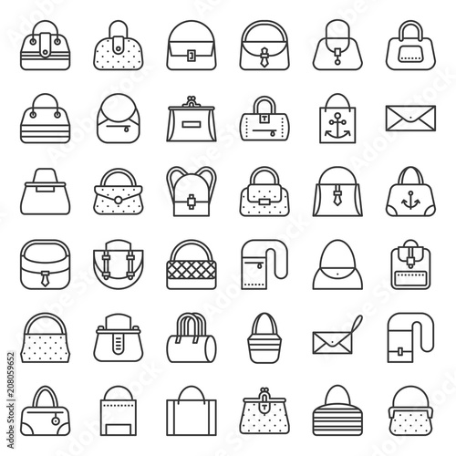 Fashion bag various type such as frame bag, tote, eco bag, barrel, jeans, briefcase, woman wallet, outline icon set 2