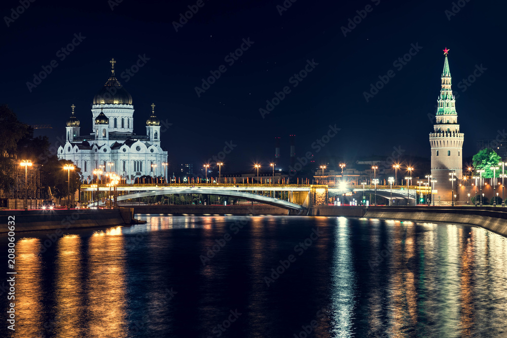 Night view on Cathedral of Christ the Savior on Moscow-river in summer