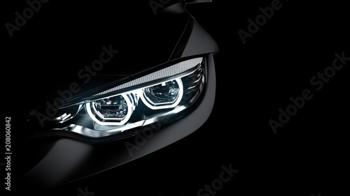 Fotografie headlights of black sports car on black background, photorealistic 3d render, ge