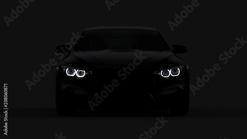 silhouette of black sports car with headlights on black background, photorealistic 3d render, generic design, non-branded