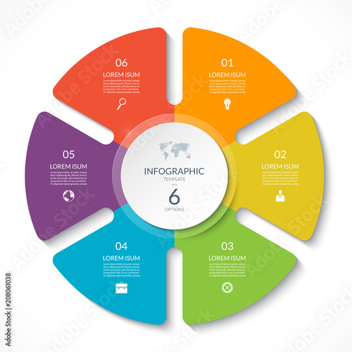 Infographic circle chart. Vector cycle diagram with 6 options. Can be used for graph, presentation, report, step options, web design.