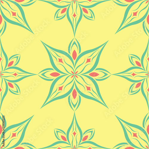 Seamless background with floral pattern. Bright yellow  pink and blue background