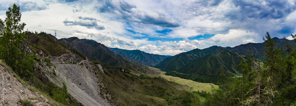 Panoramic view of Chike-Taman pass. Exit road. Altai Republic, Siberia Russia.