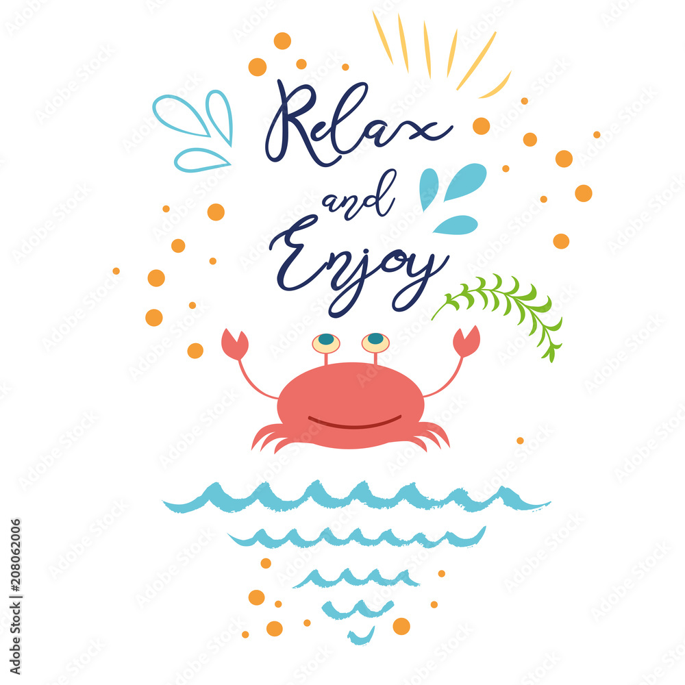 Funny summer vacation text Relax and Enjoy with hand drawn doodle summer icons crab Stock Vector | Adobe Stock Funny summer vacation text Relax and Enjoy with hand drawn doodle summer icons crab Stock Vector | Adobe Stock