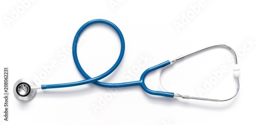 Blue stethoscope isolated on white background. Flat lay, top view, copy space  photo