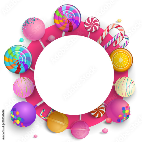 White round background with colorful lollipops.