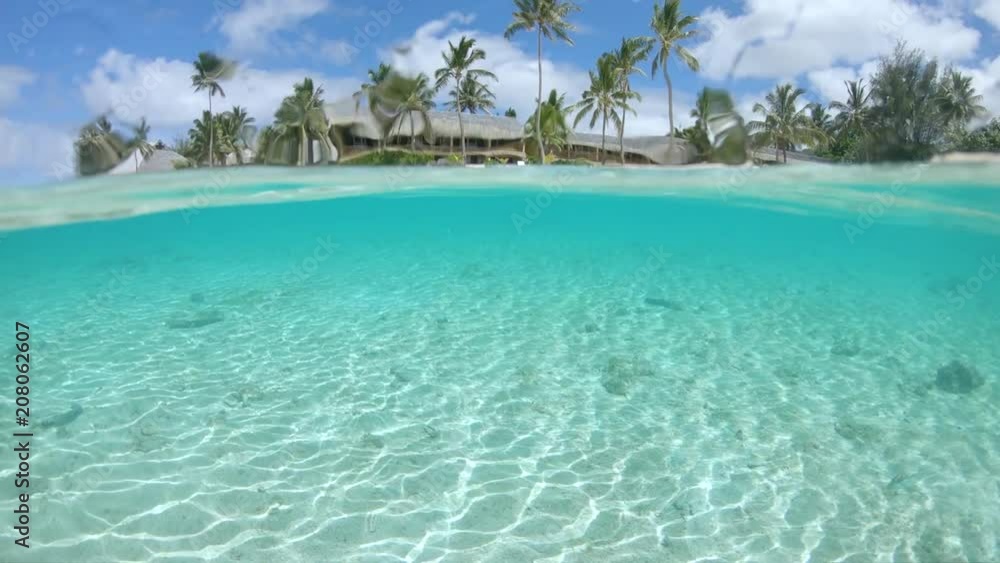 HALF UNDERWATER: Beautiful glassy ocean waves wash the sandy beach near the exotic hotel in gorgeous Cook Islands. Breathtaking shot of tall palm trees and white sand coast next to oceanfront resort. HALF UNDERWATER: Beautiful glassy ocean waves wash the sandy beach near the exotic hotel in gorgeous Cook Islands. Breathtaking shot of tall palm trees and white sand coast next to oceanfront resort.