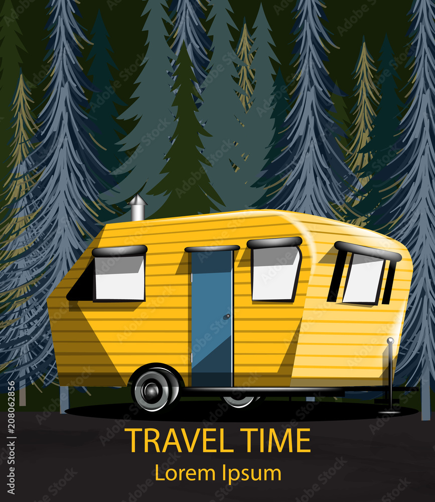 Travel car in the forrest Vector. Camping trailer into the woods at night dark Travel car in the forrest Vector. Camping trailer into the woods at night dark