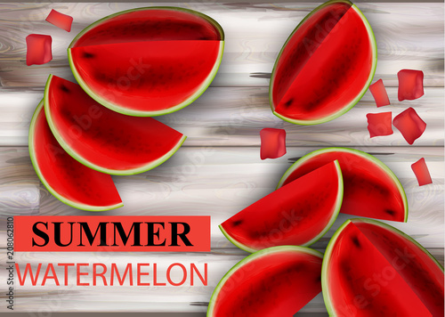 Summer watermelon Vector. Fruits slices on wooden backgrounds