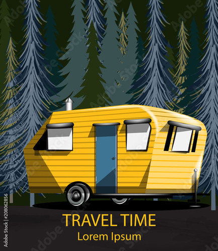 Travel car in the forrest Vector. Camping trailer into the woods at night dark