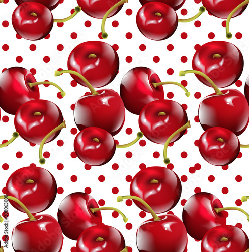 Cherry pattern Vector. Cherry fruits on Dotted backgrounds