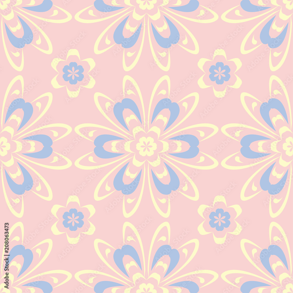 Floral pale pink seamless background. Floral pattern with light blue and yellow elements