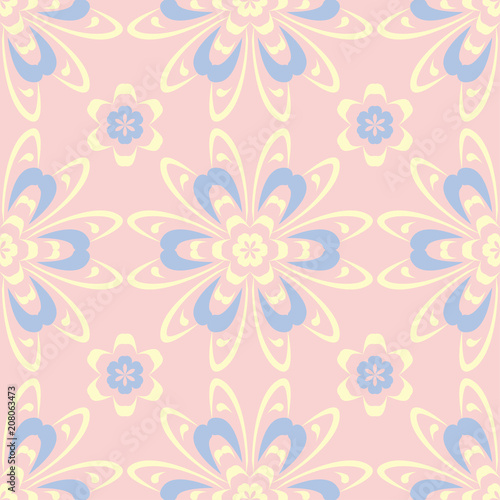 Floral pale pink seamless background. Floral pattern with light blue and yellow elements