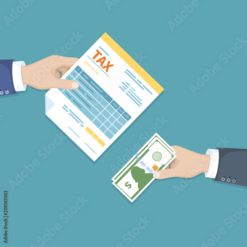 Hand with Tax form and cash banknotes. Unfilled, minimalistic form of the document. Payment of bills, invoices,  tax return, business or financial operation. Vector illustration.