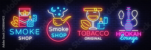 Cigarette Shop Logo collection Neon Vector. Smoke shop neon signs, Hookah lounge, vector design template vector illustration on tobacco theme, bright night cigarette advertisement. Vector