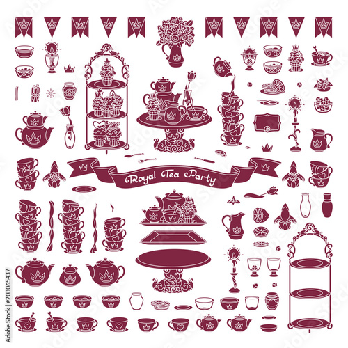 vector Royal dishes, tableware tea party concept
