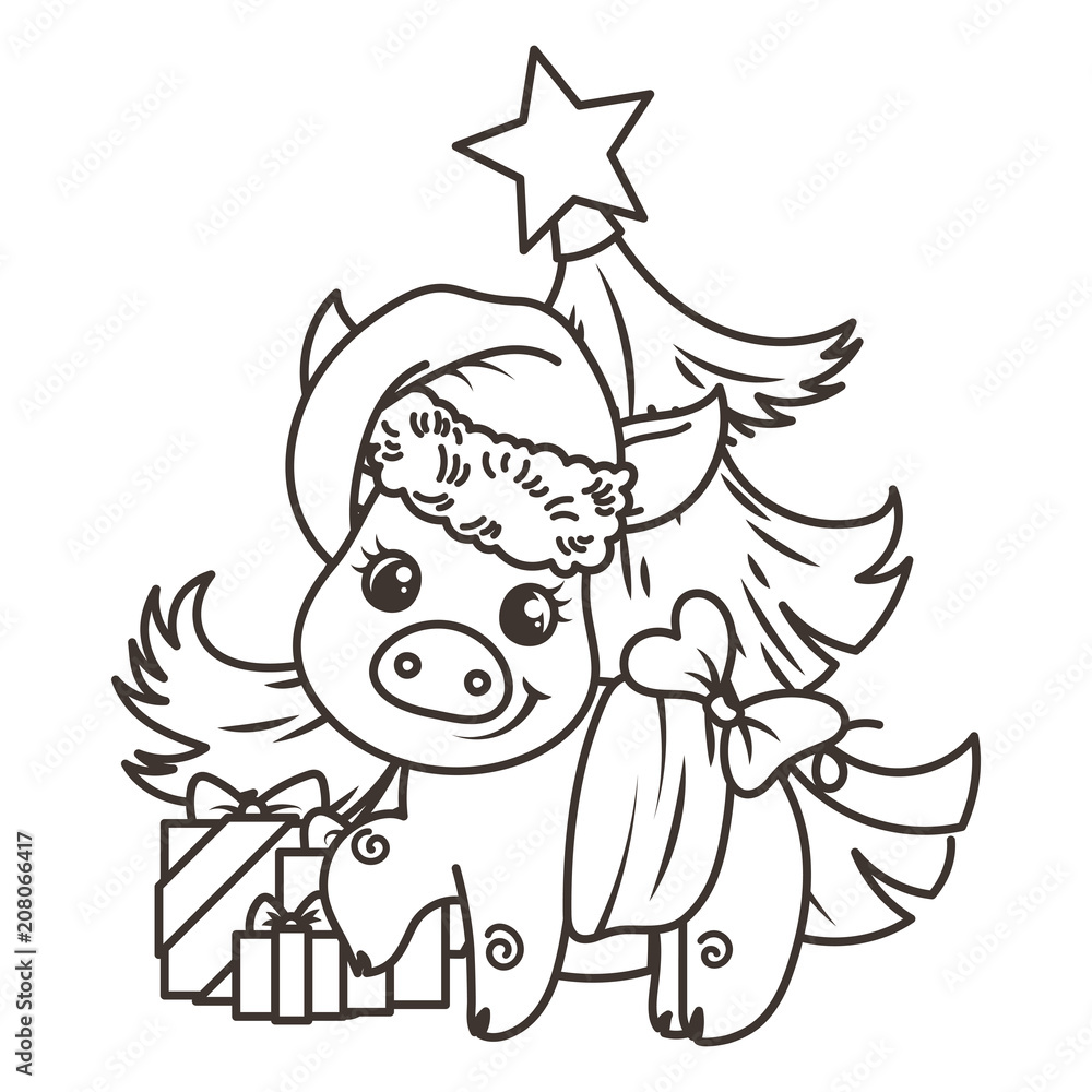 Happy New 2019 Year card with cartoon baby pig. Small symbol of holiday. Happy New 2019 Year card with cartoon baby pig. Small symbol of holiday.