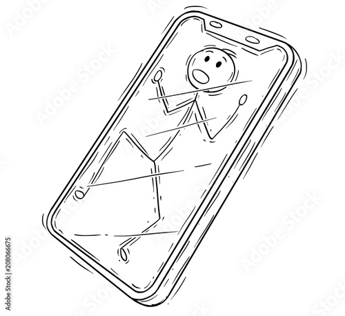 Cartoon stick drawing conceptual illustration of man or businessman trapped inside mobile phone screen or display. Concept of communication and addiction.