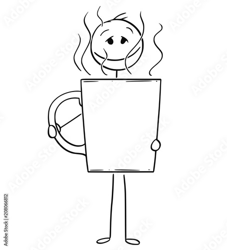 Cartoon stick drawing conceptual illustration of man or businessman drinking and enjoying large cup or mug of coffee or tea.
