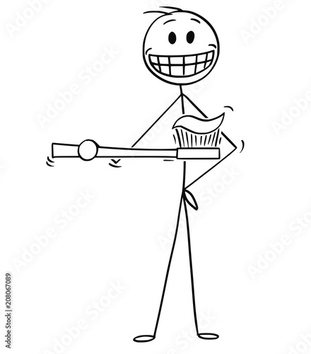 Cartoon stick drawing conceptual illustration of man holding toothbrush with toothpaste. Concept of dental hygiene.
