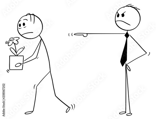 Cartoon stick man drawing conceptual illustration of worker, employee or businessman holding plant in pot and leaving office fired by manager or boss.