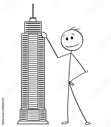 Cartoon stick man drawing conceptual illustration of businessman standing with skyscraper building model. Business concept of architecture and real estate investment.