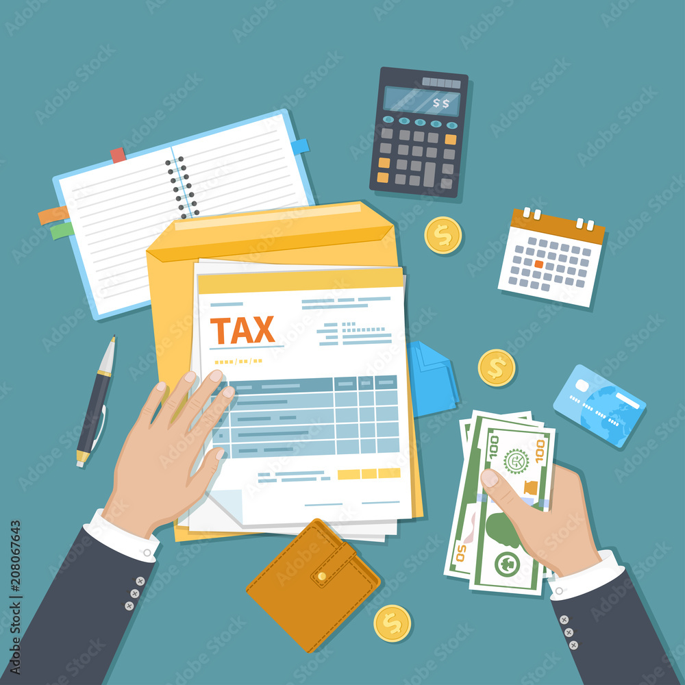 Man pays tax. State Government taxation. Human hands, tax form, envelope, money, calculator, wallet, calendar, credit card. Pay the bills, invoices, payrolls. Vector illustration. Man pays tax. State Government taxation. Human hands, tax form, envelope, money, calculator, wallet, calendar, credit card. Pay the bills, invoices, payrolls. Vector illustration.