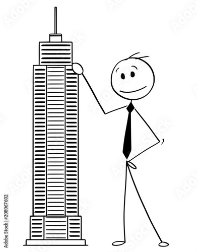 Cartoon stick man drawing conceptual illustration of businessman standing with skyscraper building model. Business concept of architecture and real estate investment.