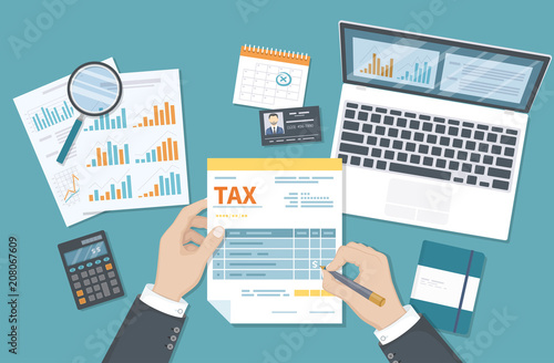 Tax payment concept. State Government taxation, calculation of tax return. Man fills the tax form, documents, calendar, calculator, laptop. Pay the bills, invoices, payrolls. Vector illustration. photo
