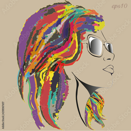 Girl in glasses
Portrait of a modernist style girl with mottled hair a bright hairstyle author's design sketch face black line snub nose full lips stock vector illustration neck slender
