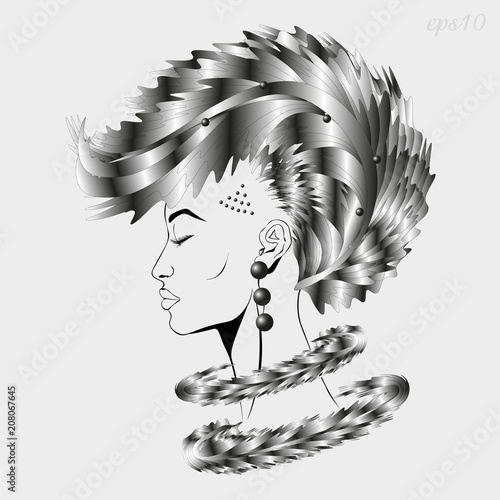 Profile a girl with metallic hair
Picture a woman haircut styled fantasy on a golva tattoo, a long neck with boa eyes closed image on a gray worktable

