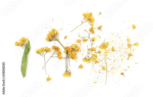 Dry linden flowers and leaves isolated on white background, top view
